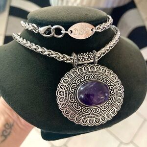 Purple amethyst gemstone boho round boho mandala design on thick wheat necklace